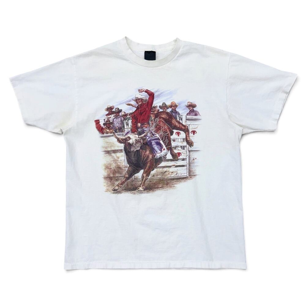 Vintage 3D Emblem Rodeo Bull Rider Cowboy T Shirt Single Stitch L 80 90s Western